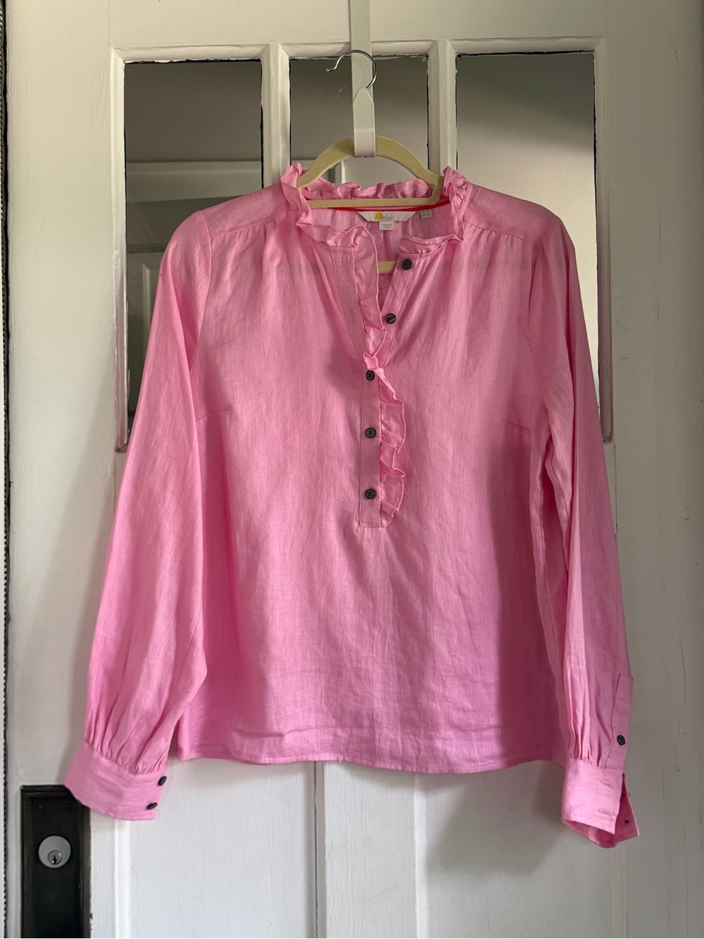 Boden Pink Ruffled Collar Button-Front Top